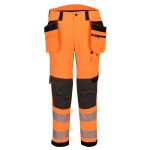A pair of high-visibility orange trousers featuring retroreflective tape panels, stretch panels for ease of movement, suitable for a wide range of outdoor and site work applications.