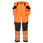A pair of high-visibility orange trousers featuring retroreflective tape panels, stretch panels for ease of movement, suitable for a wide range of outdoor and site work applications.