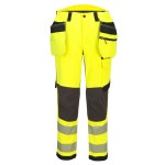 A pair of high-visibility yellow trousers featuring retroreflective tape panels, stretch panels for ease of movement, suitable for a wide range of outdoor and site work applications.