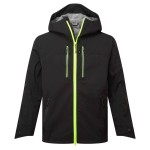 A black jacket designed for use on construction sites and in industrial work environments.,
