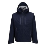 A navy blue jacket designed for use on construction sites and in industrial work environments.,