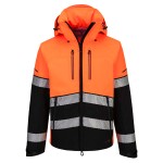 A high-visibility orange jacket featuring retroreflective tape panels, suitable for a wide range of outdoor and site work applications.