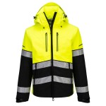 A high-visibility yellow jacket featuring retroreflective tape panels, suitable for a wide range of outdoor and site work applications.