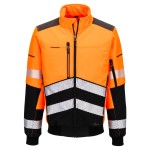 A high-visibility orange softshell jacket featuring retroreflective tape panels, suitable for a wide range of outdoor and site work applications.