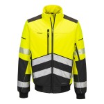 A high-visibility yellow softshell jacket featuring retroreflective tape panels, suitable for a wide range of outdoor and site work applications.