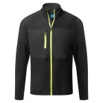 A black workwear garment featuring stretch panels for ease of movement, suitable for a wide range of outdoor and site work applications.