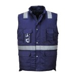 A navy blue workwear garment designed for use on construction sites and in industrial work environments.,
