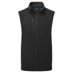 A black safety vest designed for use on construction sites and in industrial work environments.,