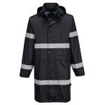 A black waterproof jacket designed for use on construction sites and in industrial work environments.,