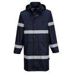 A navy blue waterproof jacket designed for use on construction sites and in industrial work environments.,