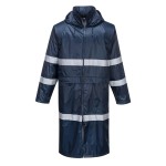 A navy blue waterproof jacket designed for use on construction sites and in industrial work environments.,