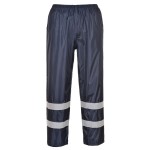 A pair of navy blue work trousers designed for use on construction sites and in industrial work environments.,