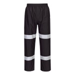 A pair of black work trousers designed for use on construction sites and in industrial work environments.,