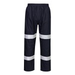 A pair of navy blue work trousers designed for use on construction sites and in industrial work environments.,