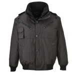A black jacket designed for use on construction sites and in industrial work environments.,