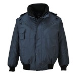 A navy blue jacket designed for use on construction sites and in industrial work environments.,