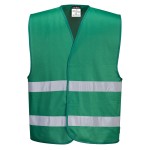 A green safety vest designed for use on construction sites and in industrial work environments.,