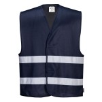 A navy blue safety vest designed for use on construction sites and in industrial work environments.,