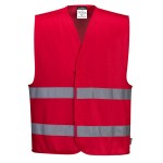 A red safety vest designed for use on construction sites and in industrial work environments.,