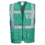A green safety vest designed for use on construction sites and in industrial work environments.,