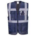 A navy blue safety vest designed for use on construction sites and in industrial work environments.,