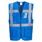 A blue safety vest designed for use on construction sites and in industrial work environments.,