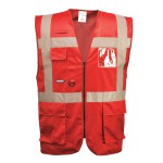 A red safety vest designed for use on construction sites and in industrial work environments.,