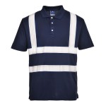 A navy blue polo shirt designed for use on construction sites and in industrial work environments.,