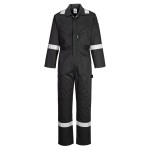 A black coverall designed for use on construction sites and in industrial work environments.,