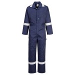 A navy blue coverall designed for use on construction sites and in industrial work environments.,