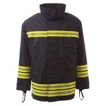 A navy blue jacket designed for use on construction sites and in industrial work environments.,