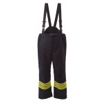 A pair of navy blue work trousers designed for use on construction sites and in industrial work environments.,