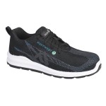 A black safety trainer with a composite toecap, a cushioned insole, and a lightweight anti-slip sole, suitable for lighter-duty site work.