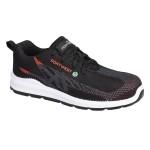 A black safety trainer with a composite toecap, a cushioned insole, and a lightweight anti-slip sole, suitable for lighter-duty site work.