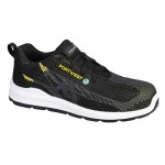 A black safety trainer with a composite toecap, a cushioned insole, and a lightweight anti-slip sole, suitable for lighter-duty site work.
