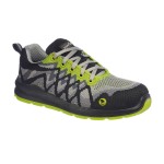 A black safety trainer with a composite toecap, a cushioned insole, and a lightweight anti-slip sole, suitable for lighter-duty site work.