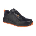 A black safety trainer with a composite toecap, a cushioned insole, and a lightweight anti-slip sole, suitable for lighter-duty site work.