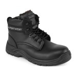 A black leather safety boot with a composite toecap and anti-slip sole, providing lightweight safety protection for site and industrial use.