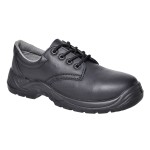 A black safety trainer with a composite toecap, a cushioned insole, and a lightweight anti-slip sole, suitable for lighter-duty site work.
