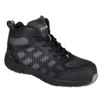 A black safety trainer with a composite toecap, a cushioned insole, and a lightweight anti-slip sole, suitable for lighter-duty site work.