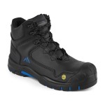 A black leather safety boot with a composite toecap and anti-slip sole, providing lightweight safety protection for site and industrial use.