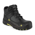 A black leather safety boot with a composite toecap and anti-slip sole, providing lightweight safety protection for site and industrial use.