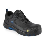 A black safety trainer with a composite toecap, a cushioned insole, and a lightweight anti-slip sole, suitable for lighter-duty site work.