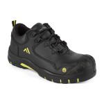 A black safety trainer with a composite toecap, a cushioned insole, and a lightweight anti-slip sole, suitable for lighter-duty site work.