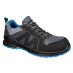 A black safety trainer with a composite toecap, a cushioned insole, and a lightweight anti-slip sole, suitable for lighter-duty site work.