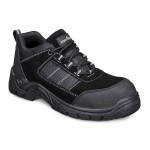 A black safety trainer with a composite toecap, a cushioned insole, and a lightweight anti-slip sole, suitable for lighter-duty site work.