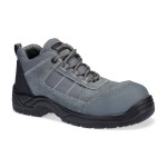 A grey safety trainer with a composite toecap, a cushioned insole, and a lightweight anti-slip sole, suitable for lighter-duty site work.
