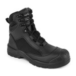 A black composite safety boot with an anti-slip sole and padded collar, designed for comfort and protection during extended site work.