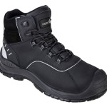A black leather safety boot with a composite toecap and anti-slip sole, providing lightweight safety protection for site and industrial use.