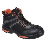 A black leather safety boot with a composite toecap and anti-slip sole, providing lightweight safety protection for site and industrial use.